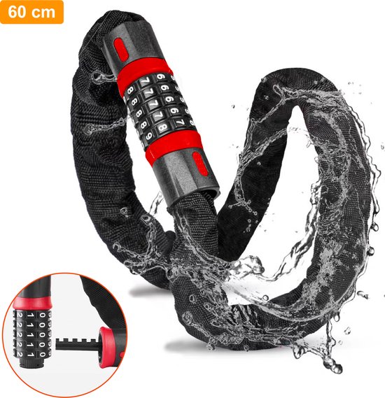 Colorful Sun® Fietsslot met cijferslot - 60 cm - 1 stuk - Kettingslot fiets - Motorslot - Fietssloten electrische fietsen - Fietsslot ketting - Cijfercombinatieslot - Slot met Code - Zwart, Rood van Colorful Sun®