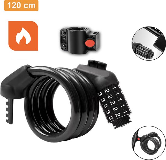 Colorful Sun® Fietsslot met cijferslot - Ø12mm / 120cm - Met vaste beugel - 1 stuk - Kabelslot Fiets - Slot voor Fietsen - Motorslot - Fietssloten electrische fietsen - Code Kabelslot - Cijfercombinatieslot - Zwart van Colorful Sun®