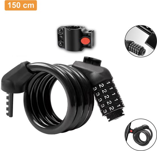 Colorful Sun® Fietsslot met cijferslot - Ø12mm / 150cm - Met vaste beugel - 1 stuk - Kabelslot Fiets - Slot voor Fietsen - Motorslot - Fietssloten electrische fietsen - Code Kabelslot - Cijfercombinatieslot - Zwart van Merkloos