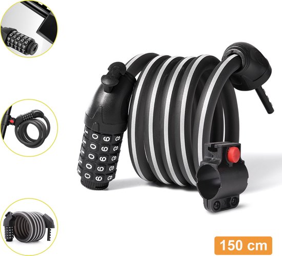 Colorful Sun® Fietsslot met cijferslot - Ø12mm / 150cm - Met vaste beugel - Met reflecterende strepen - 400g - 1 stuk - Kabelslot Fiets - Slot voor Fietsen - Motorslot - Fietssloten electrische fietsen - Code Kabelslot - Cijfercombinatieslot - Zwart van Colorful Sun®