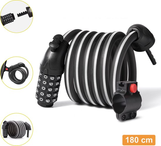 Colorful Sun® Fietsslot met cijferslot - Ø12mm / 180cm - Met vaste beugel - Met reflecterende strepen - 445g - 1 stuk - Kabelslot Fiets - Slot voor Fietsen - Motorslot - Fietssloten electrische fietsen - Code Kabelslot - Cijfercombinatieslot - Zwart van Colorful Sun®