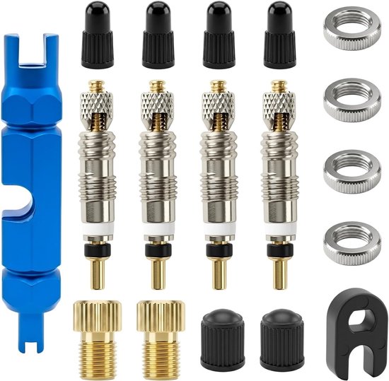 Complete 18-delige set voor tubeless mountainbikeventielen met Presta ventielkernen, ontmantelingstool en fietspompadapters voor eenvoudige reparatie en onderhoud
