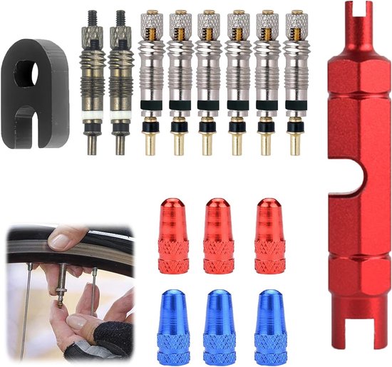 Complete Fietspomp Ventiel Reparatieset - Inclusief Presta Ventielkernen, Adapter en Verwijdertool, 16 Ventieldoppen voor Fietsreparatie