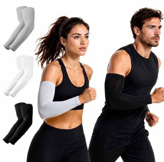 Compressie Arm Sleeves – 3 Paar (6 Mouwen) – Verkoelende Sportmouwen – UV Bescherming – Ademend & Sneldrogend – Hardlopen, Fietsen, Motorrijden, Fitness – One Size (M–XL) – Zwart, Wit & Grijs