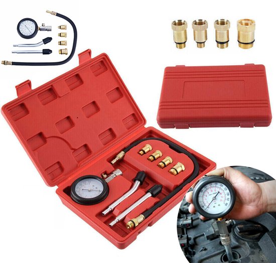 Compressietester voor benzinemotoren - Cilinderdrukmeter - 0-20 bar - Compressietesttool - Geschikt voor auto en motorfiets - Autogereedschap - Rood