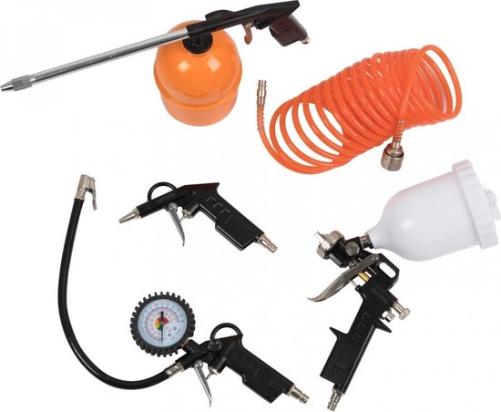 Compressor Accessoireset 5-delig – Spiraalslang, Blaas- & Verfspuit, Bandenvulpistool & Waspistool | Compact Etui 40,5×21,5×11 cm – Praktisch, Veelzijdig & Direct te Gebruiken