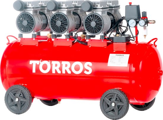 Compressor geluidsarm olievrij ketel 100 L 2,2 kW / 3 Pk 420 L/min 10 bar 78 dB(A) 230V Torros TC1004810MS