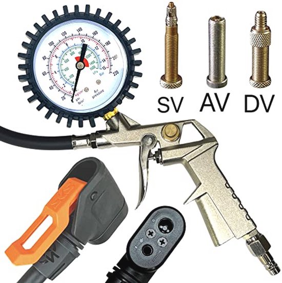 Compressor voor Fietsbanden met Manometer, Pomp voor SV en AV Ventielen