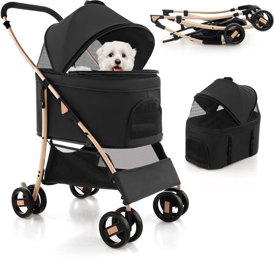 COSTWAY 3-in-1 hondenwagen, opvouwbare hondenbuggy, tot 15 kg, huisdierwagen met netvenster, verstelbare luifel, afneembare drager en mand, huisdierbuggy voor kleine honden en katten, zwart van COSTWAY