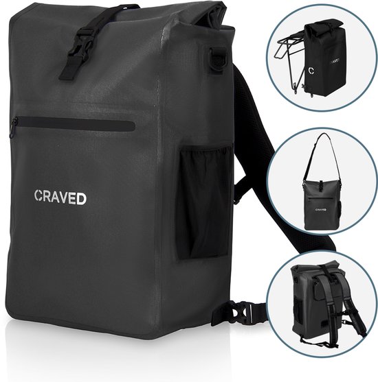 Craved Enkele Fietstas 3 in 1 Transit - 28L - Waterdicht - Geschikt voor elektrische fietsen - Zwart