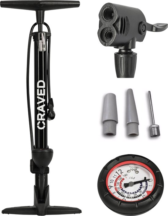 Craved Fietspomp - met drukmeter - Dubbele ventielkop - Zwart - Universeel van Craved