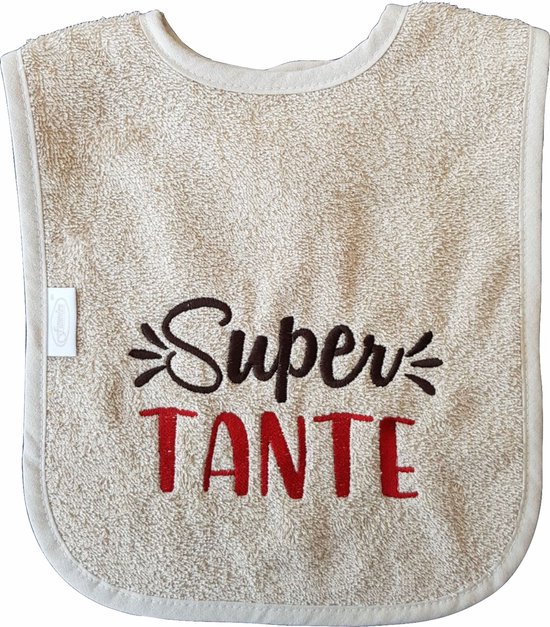 Crème slab met "Super Tante" - kraamcadeautje, cadeautje, babyshower, verjaardag, nieuwtje, slabbetje, slabbertje, slabje, bruin, beige van Creme