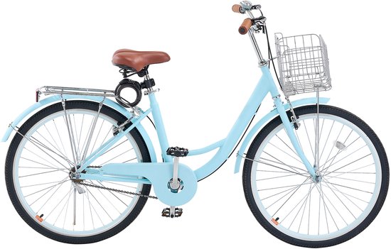 Cruiser Fiets, 1 Versnelling 66 Cm Frame - Lichtblauw Met Mand en Bagagedrager - Verstelbaar Zadel - Geschikt voor Dagelijks Gebruik