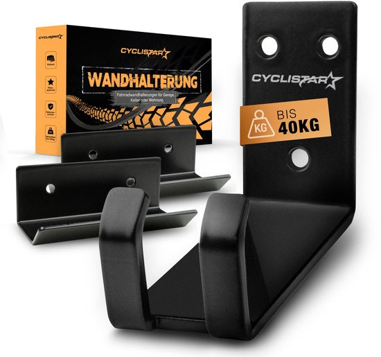 CYCLISTAR Fietswandhouder tot 40 kg, robuuste fietshouder voor MTB, racefiets, e-bike, fietshouder, wandpedaalophanging + 2 x steunhoek van Merkloos