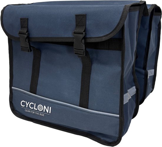 Cycloni® dubbele fietstas - 35 liter - Waterafstotend polyester - Verstelbare sluiting met aansnoerband - Reflecterende details - Blauw van Merkloos