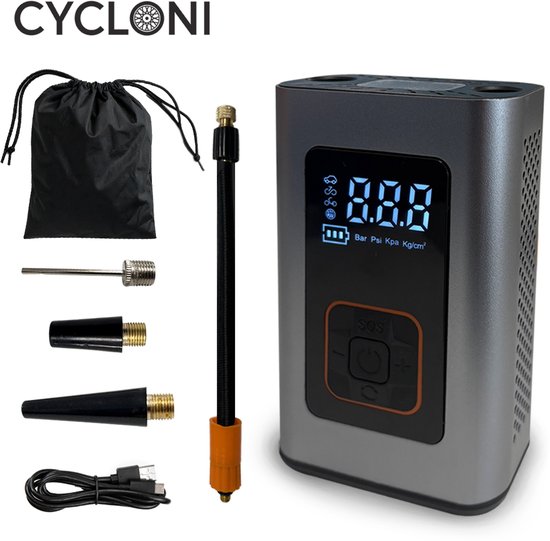 Cycloni Elektrische Fietspomp - Draagbare Luchtcompressor - Voor Fiets, Scooter, Motor en Auto - Oplaadbare Bandenpomp met Powerbankfunctie - Tot 10.3 Bar - Inclusief Opbergzakje - Grijs