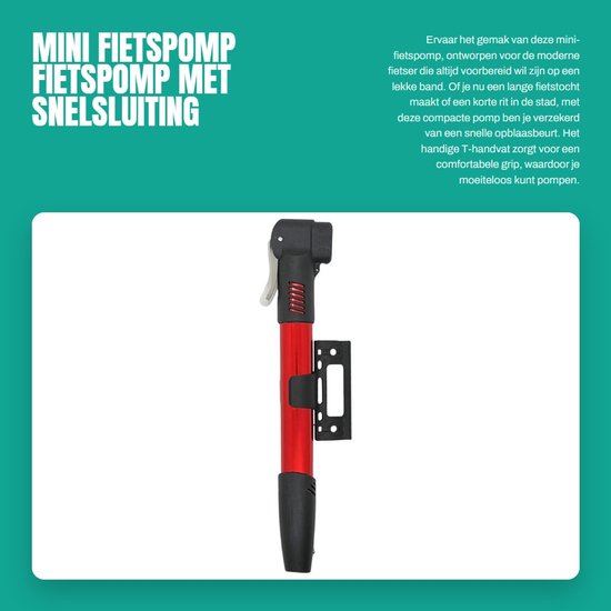 Dailygoods- Fietspomp Klein - Mini-Luchtpomp met T-handgreep - Inclusief Framehouder - 11 Bar/160 PSI - Compact en Lichtgewicht - Eenvoudig te Bedienen