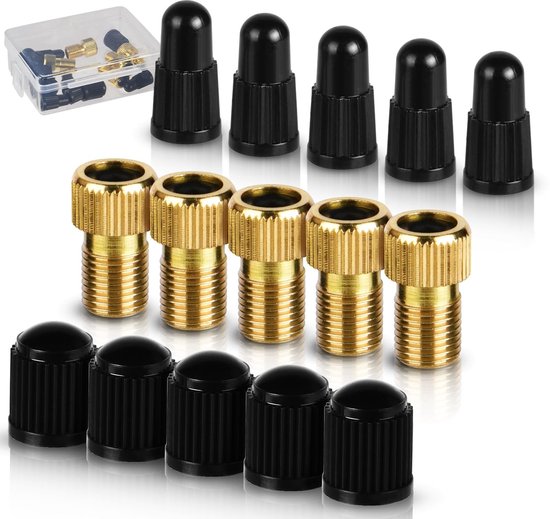 Dailygoods - Fietsventieladapter - Presta naar Schrader - Geschikt voor fiets en hometrainer - 5 stuks + 10 doppen - Duurzaam en corrosiebestendig