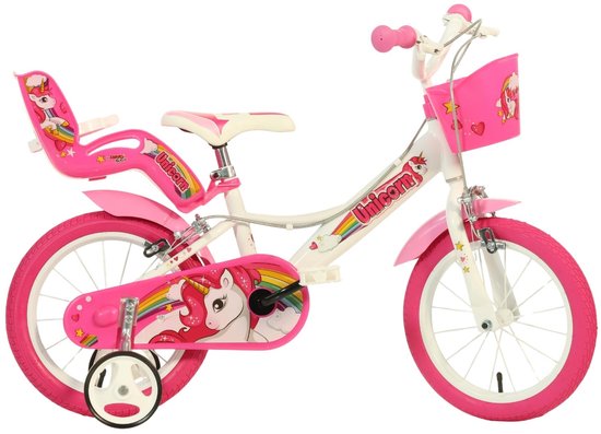 Dailygoods- Kinderfiets 16 Inch - Roze Fiets met Eenhoornsticker - Verstelbaar Zadel/Stuur - Afneembare Steunwielen - Inclusief Mandje - Veiligheidswaarschuwing No Luchtbanden