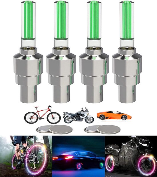 Daity Set van 4 stuks - LED-lichtstaafjes voor fietswielen - ventieldopjes voor autobanden - knipperende reflectoren voor fiets- en motorbanden (groen)