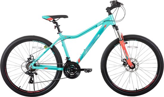 Dames mountainbike 51–69 cm – Voor recreatief en sportief gebruik op terrein – Met 21 versnellingen, vergrendelbare verende vork en dubbele schijfremmen – Groen aluminium frame