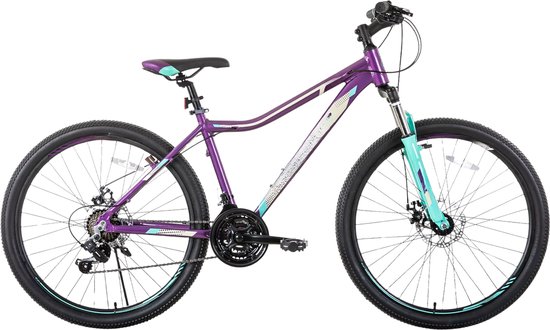 Dames mountainbike 51–69 cm – Voor recreatief en sportief gebruik op terrein – Met 21 versnellingen, vergrendelbare verende vork en dubbele schijfremmen – Paars aluminium frame