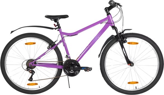 Dames mountainbike 66 cm – Voor recreatief en sportief gebruik op terrein – Met 18 versnellingen en V-brake voor- en achter – Paars aluminium frame