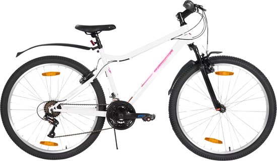 Dames mountainbike 66 cm – Voor recreatief en sportief gebruik op terrein – Met 18 versnellingen en V-brake voor- en achter – Wit aluminium frame