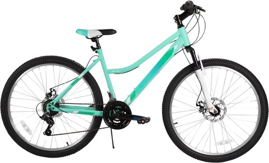 Dames mountainbike 66 cm – Voor recreatief en sportief gebruik op weg en terrein – Met 18 versnellingen, voorvorkvering en dubbele schijfremmen – Groen aluminium frame