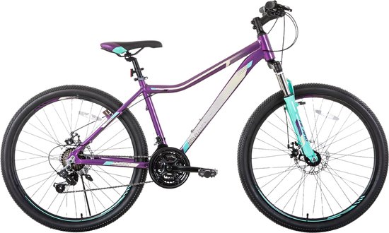Dames mountainbike – Voor volwassenen – 21 versnellingen, vergrendelbare verende vork, dubbele schijfremmen, aluminium frame – Paars, 51/66/69 cm van Merkloos