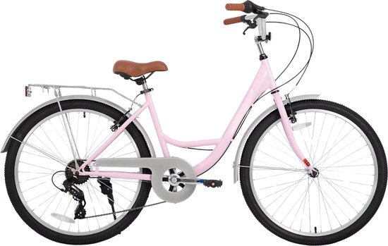Dames strandcruiserfiets – Voor volwassenen – 7-speed, step-through frame, bagagedrager – Roze, 66 cm