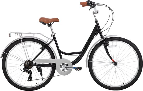 Dames strandcruiserfiets – Voor volwassenen – 7-speed, step-through frame, bagagedrager – Zwart, 66 cm