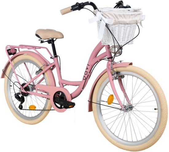 Davi Amelia – Kinderfiets – 24 inch – 7 versnellingen – Shimano – V-brake – 130-165 cm – Roze/Creme – Meisje