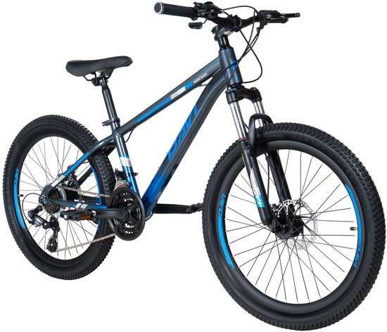 Davi Montaro – Kinderfiets – 24 inch – 21 versnellingen – Shimano – Schijfremmen – 130-160 cm – Grijs/Blauw – Jongen