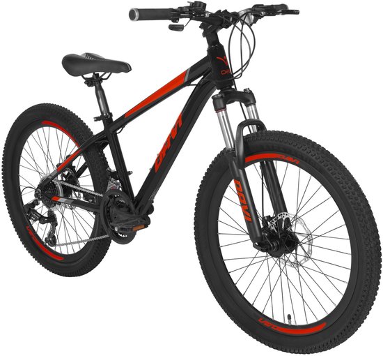 Davi Montaro – Kinderfiets – 24 inch – 21 versnellingen – Shimano – Schijfremmen – 130-160 cm – Rood/Zwart – Jongen