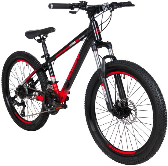 Davi Montaro – Kinderfiets – 24 inch – 21 versnellingen – Shimano – Schijfremmen – 130-160 cm – Zwart/Rood – Jongen