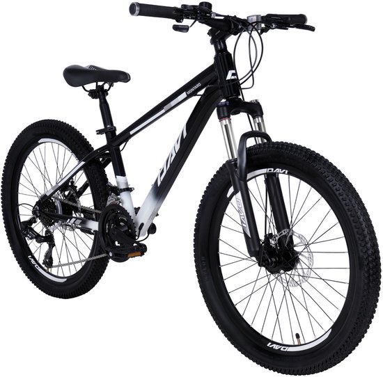 Davi Montaro – Kinderfiets – 24 inch – 21 versnellingen – Shimano – Schijfremmen – 130-160 cm – Zwart/Wit – Jongen
