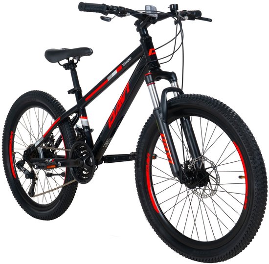Davi Terrano – Kinderfiets – 24 inch – 21 versnellingen – Schijfremmen – 130-160 cm – Zwart/Rood – Jongen
