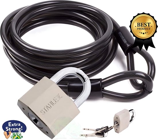 De Snuffelaar® - Staalkabel dikke 12mm - 5 meter met lussen - Stahlex Hangslot 70 mm - 4 Sleutels - Bootslot - ook voor Tuinmeubelen of Terrasstoelen van Stahlex