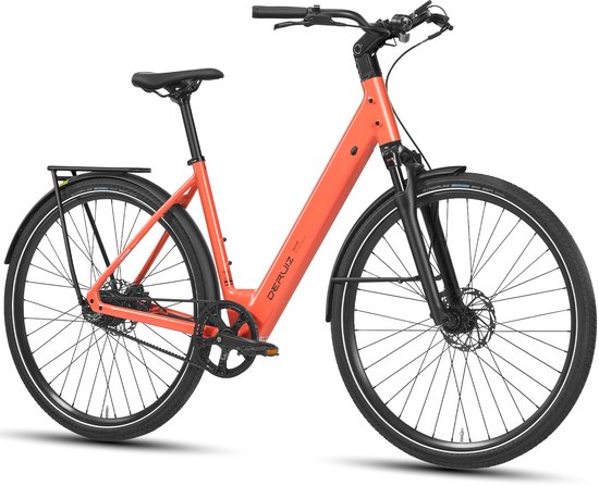 DERUIZ Turmali Comfort E-bike Dames Heren- 28 inch- 360 Wh- 250 W- 40 Nm- Lage instap- Comfort City E-bike- GATES riemaandrijving- Gouden Uur Oranje