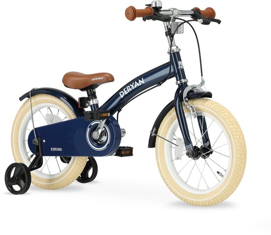 Deryan Luxe Kinderfiets 14 inch - 3 in 1 - loopfiets Blauw van Deryan