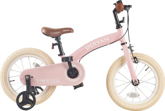 Deryan Luxe Kinderfiets 14 inch - 3 in 1 - loopfiets - Roze van Deryan