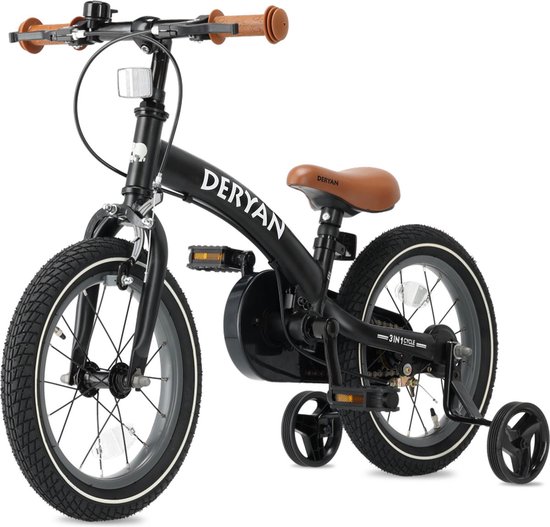 Deryan Luxe Kinderfiets 14 inch - 3 in 1 - loopfiets - Zwart van Deryan