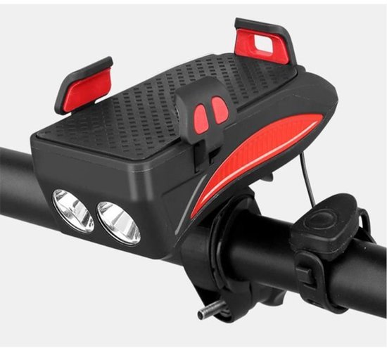 Deze 4-in-1 fietstelefoonhouder integreert een LED-fietslamp, USB-oplader en luidspreker, en is geschikt voor smartphones met een schermdiagonaal van 4 tot 6,3 inch.