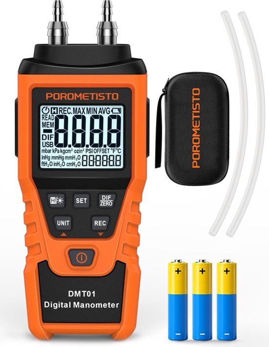 Digitale Manometer, Handmatige Kalibratie, Aangepaste Nulstelling, Realtime Meting, Max/Min/Gemiddelde Registratie, HVAC Manometer, 12-eenheden Gasdrukmeter, Differentiële Drukmeter