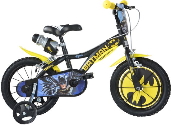 Dino Batman - Kinderfiets 14 Inch - van 3-5 Jaar - met Zijwieltjes - Jongensfiets Zwart van Merkloos