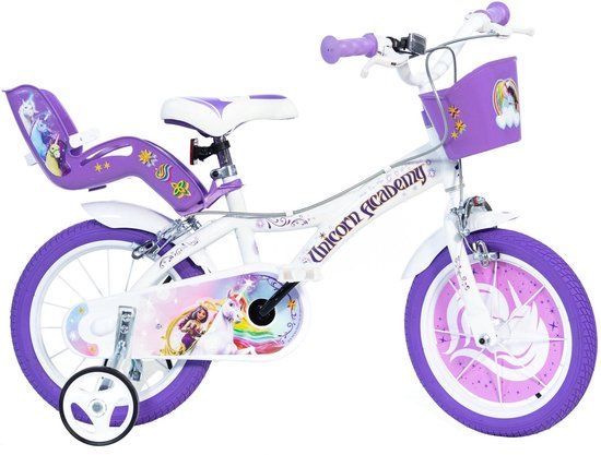 Dino Bikes Kinderfiets Unicorn Academy 16 Inch – Meisjesfiets met Zijwieltjes, Mandje en Poppenzitje – Verstelbaar Zadel en Stuur – Geschikt voor Kinderen van 4 tot 7 Jaar (95-127 cm)