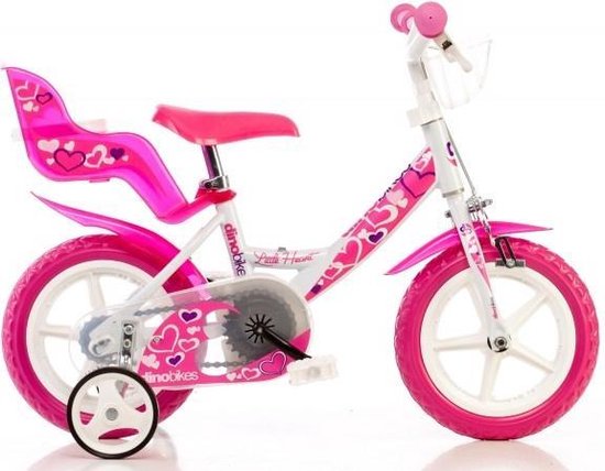 Dino Little Heart - Kinderfiets 12 Inch - van 2-4 Jaar - met Zijwieltjes - Meisjesfiets Wit van Merkloos