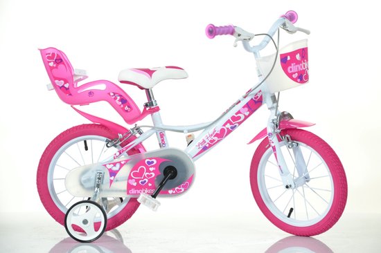 Dino Little Heart - Kinderfiets 14 Inch - van 3-5 Jaar - met Zijwieltjes - Meisjesfiets Wit van Merkloos