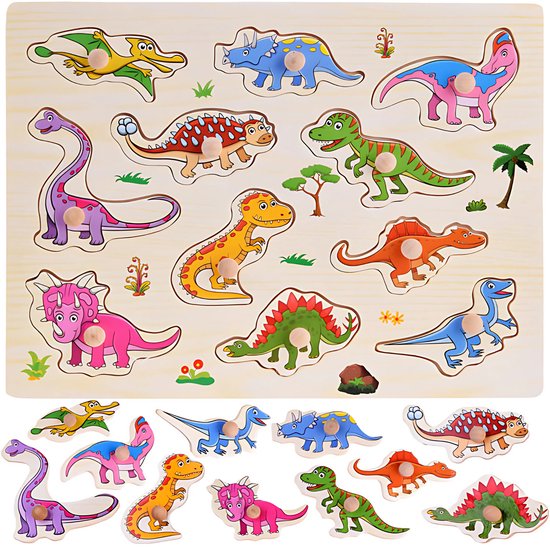 Dinosaurus - Houten puzzels voor kinderen 1 jaar / 2 jaar / 3 jaar - Educatief speelgoed - Cadeau jongen / meisje - Baby / Dreumes / Peuter - Traktatie - Uitdeelcadeaus van Dino.
